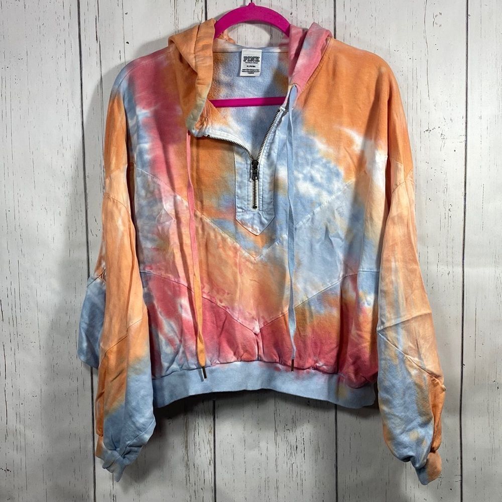 Pink Victorias Secret Tie Dye Dolman Hoodie Cropped Quarter Zip Sweatshirt